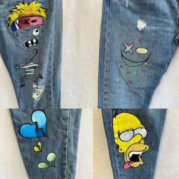 Levi's 501 custom hand‎ painted cartoon graffiti high waist jeans size 32x30 - Picture 12 of 16